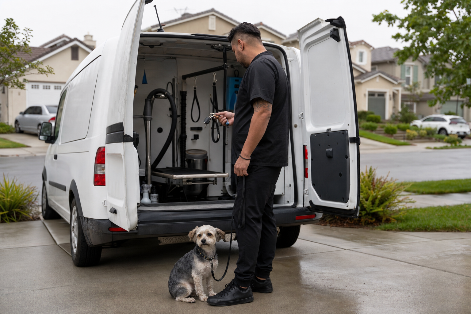 Groomer working through a husky's thick undercoat with a slicker brush in a mobile grooming van