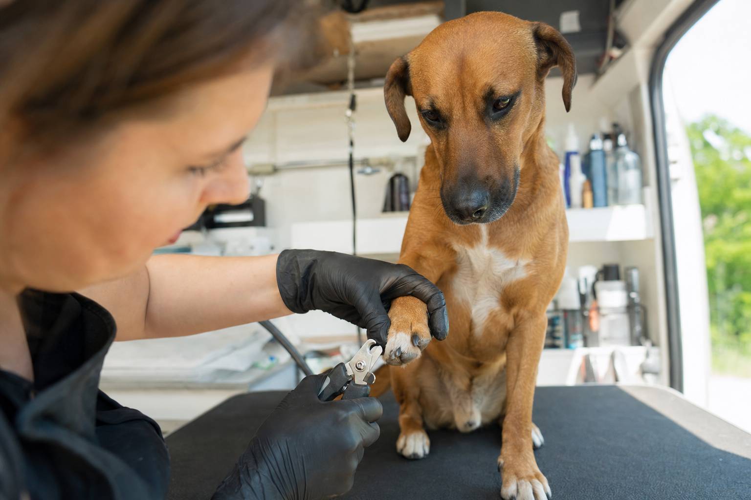 Groomer carefully trimming a dog's nails inside a mobile grooming van in San Antonio