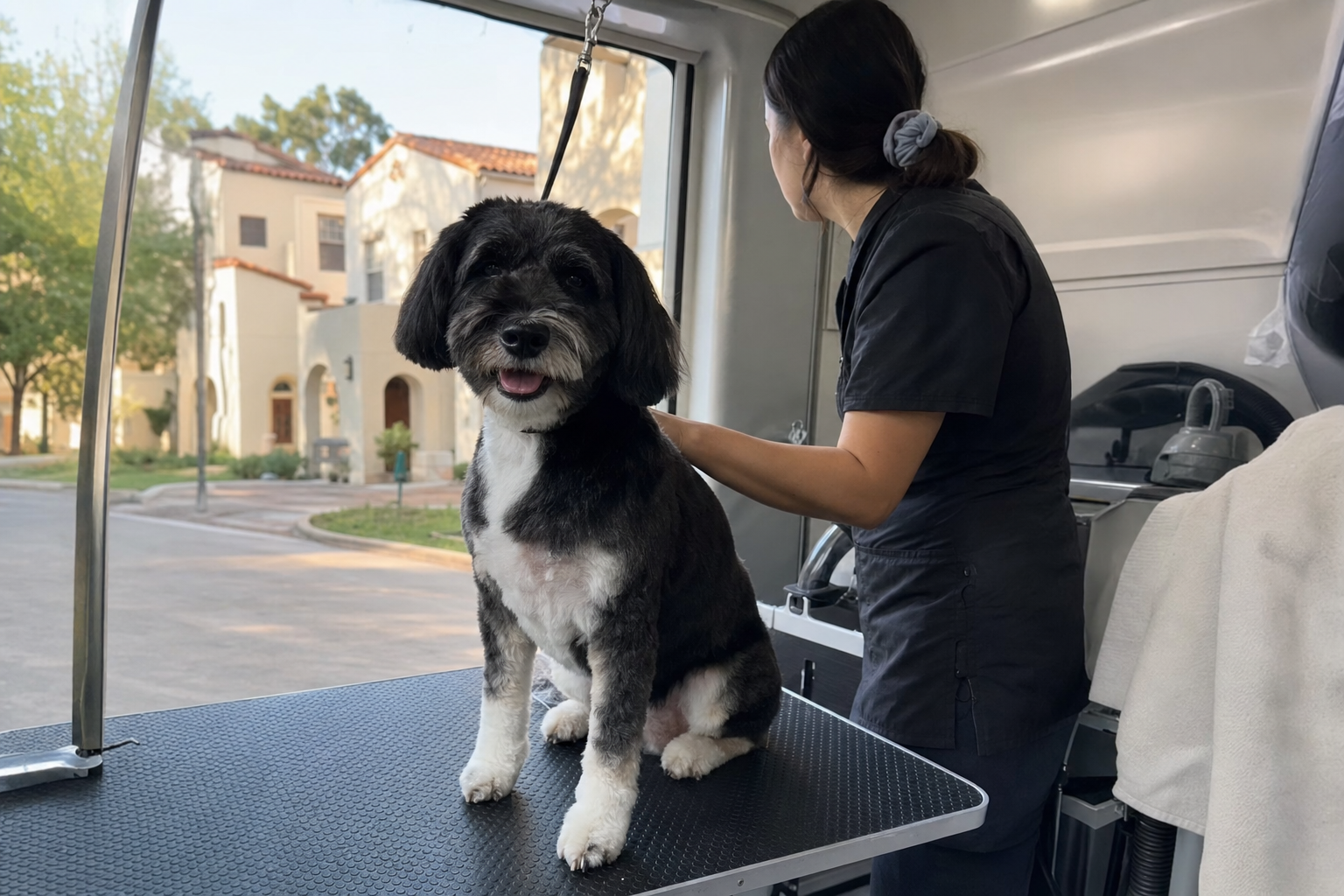 Freshly groomed black and white dog sitting calmly inside a mobile van after a thorough grooming session in San Antonio
