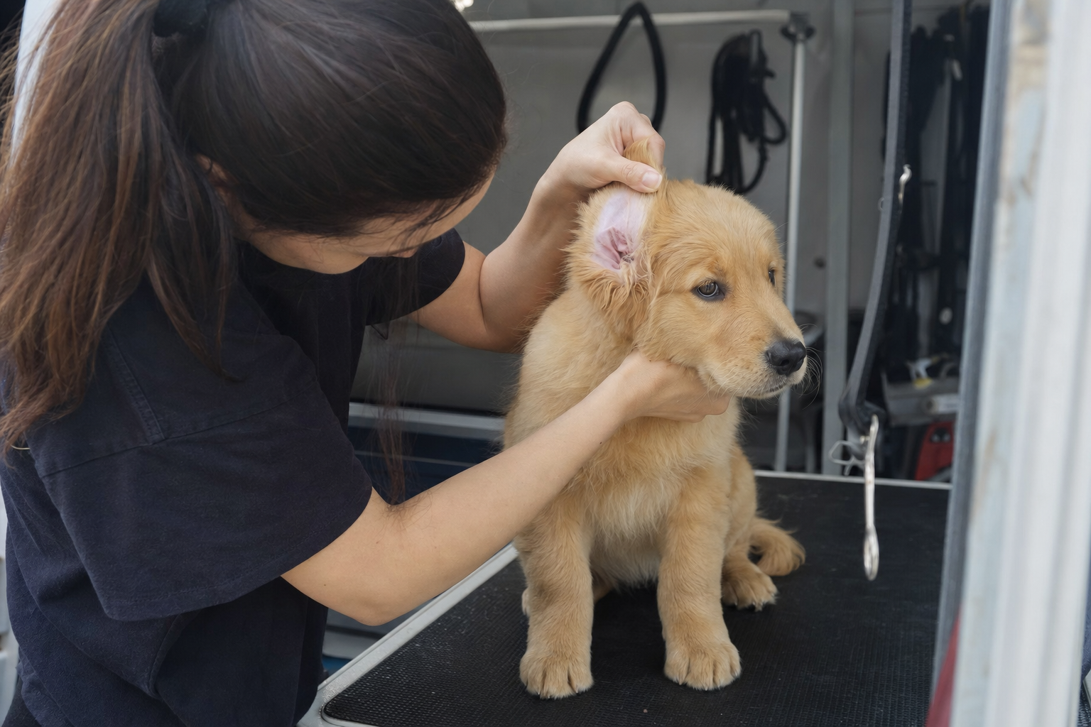 Groomer gently checking a golden retriever puppy's ear inside a mobile grooming van