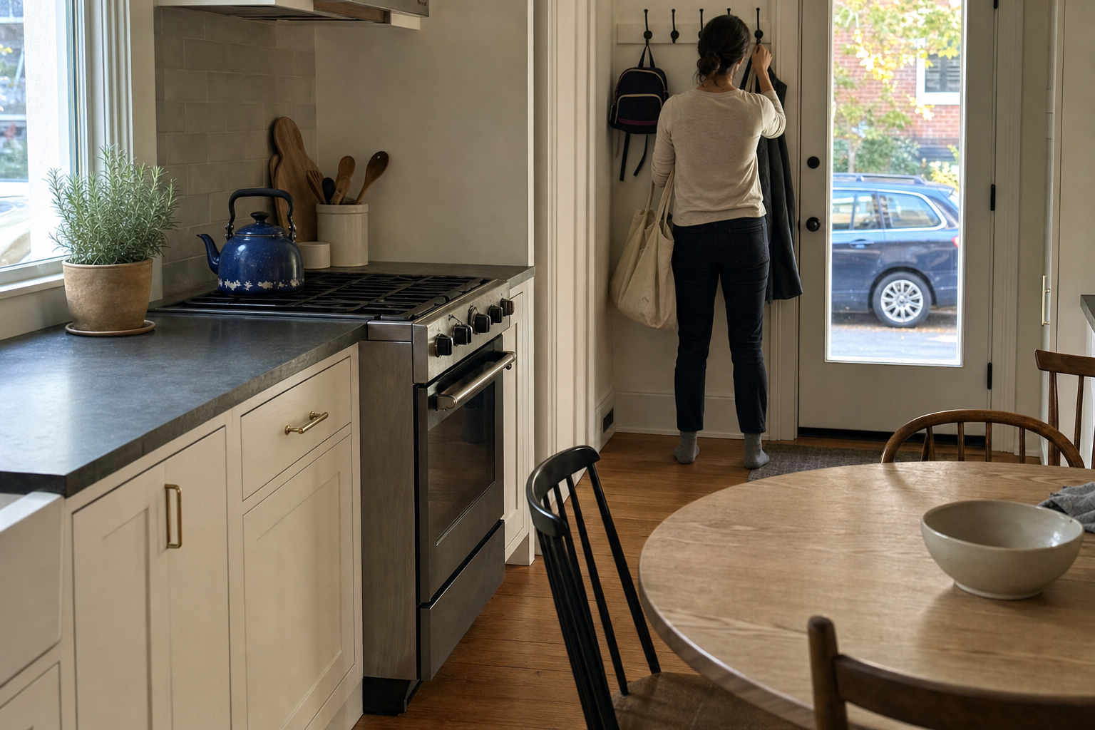 A nanny hanging her coat and tote on iron hooks by the back door at the end of the day, a child's small backpack on the next hook.