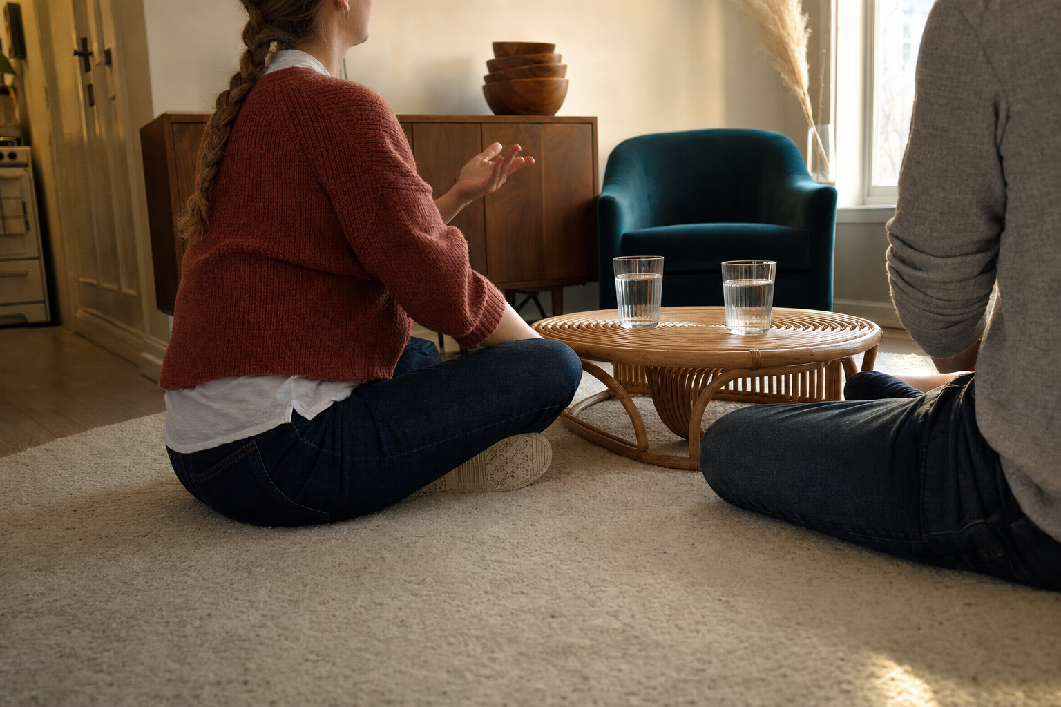 Two parents sitting either side of a low coffee table working out what the childcare job actually is before interviewing.