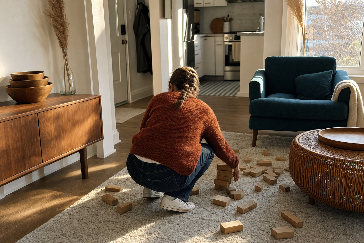 A nanny crouched on a rug gathering scattered wooden blocks back into a pile after they were knocked over.