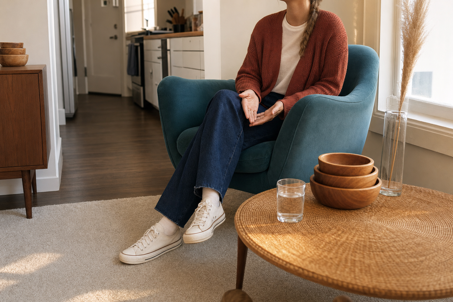 A nanny sitting back in an armchair with her hands open in her lap during the pay and expectations part of an interview.