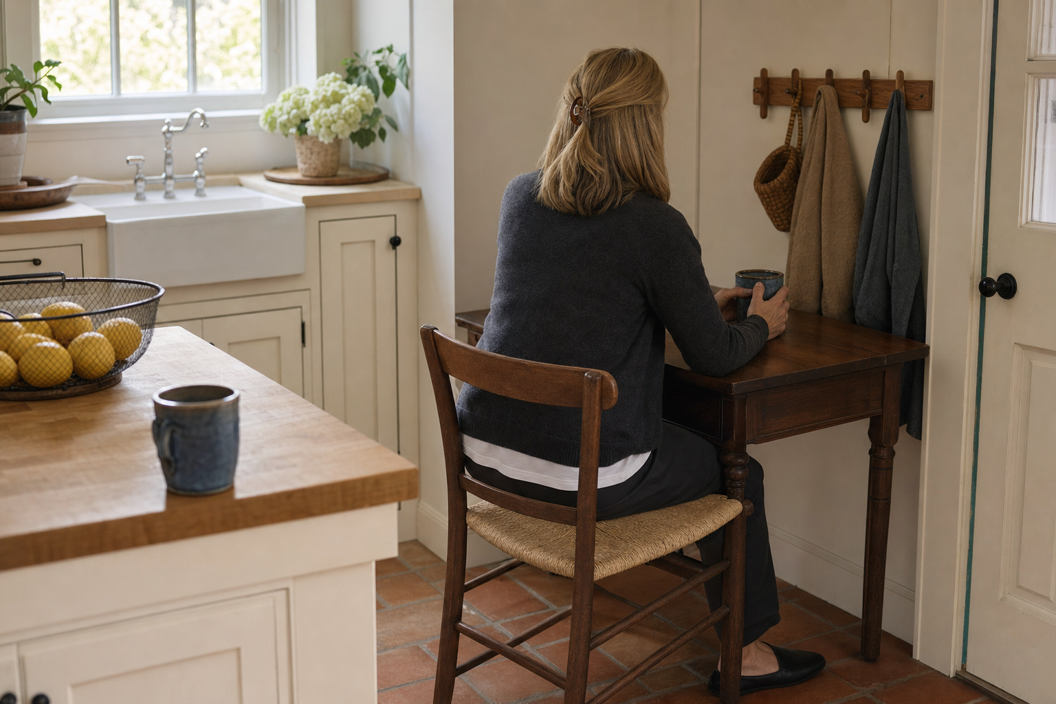 A parent sitting down at a corner desk with a mug to work out whether the household owes nanny taxes.