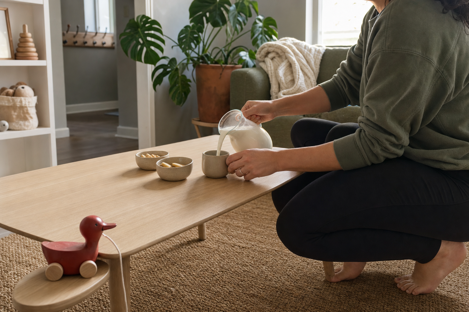 A nanny crouched at a low table pouring two identical cups and setting out two matching snack bowls for two children.
