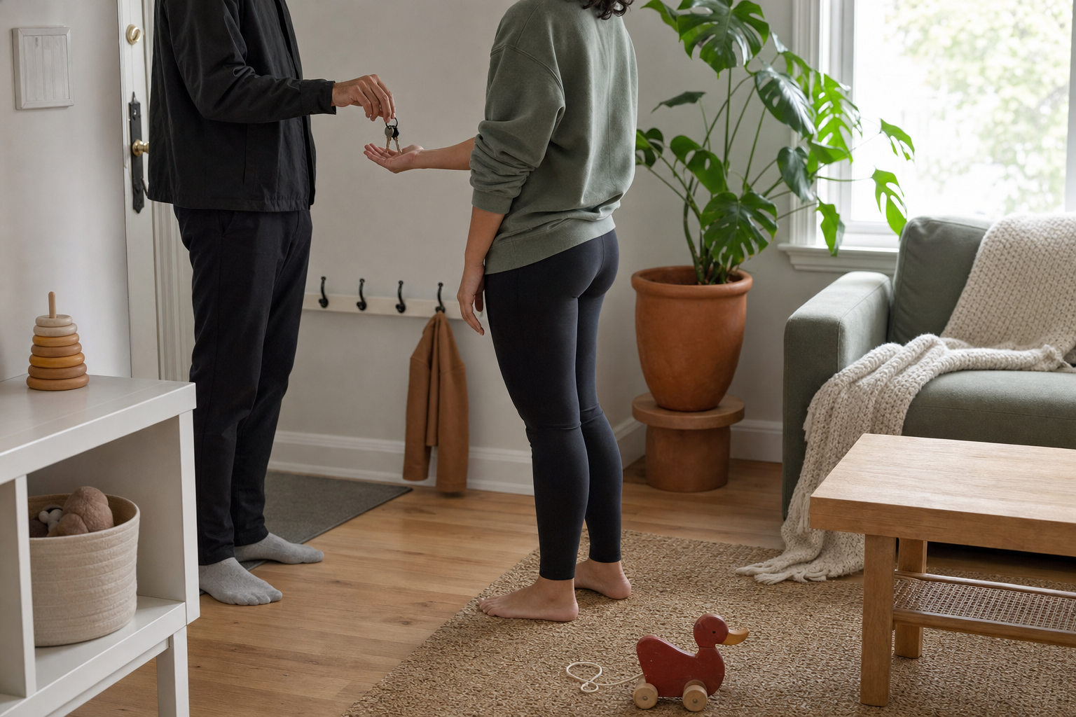 One parent handing a set of house keys to another parent in an entry hall as the two families set up their share.