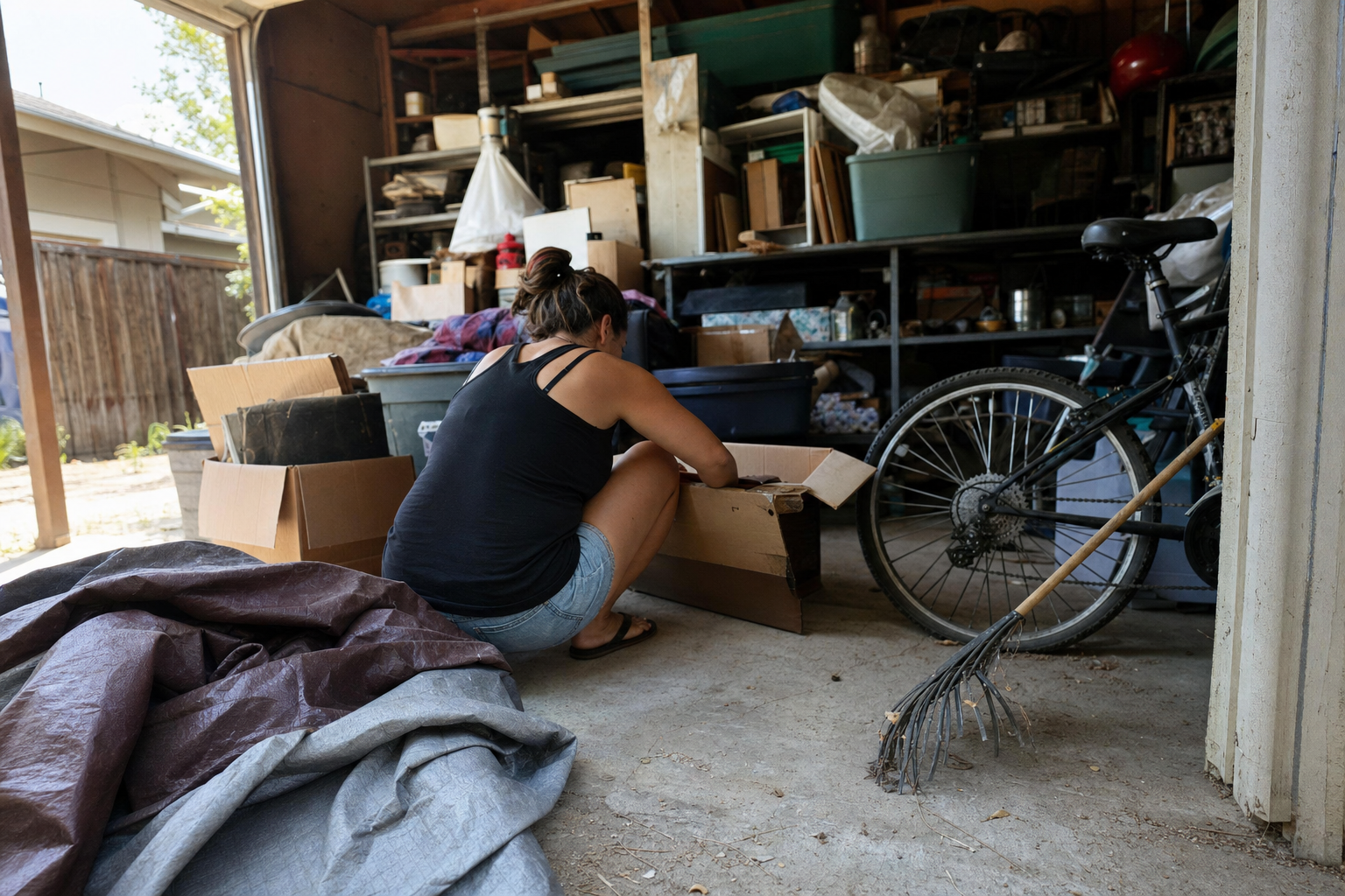 Woman sorting through boxes in a cluttered Sacramento garage, natural light through open garage door
