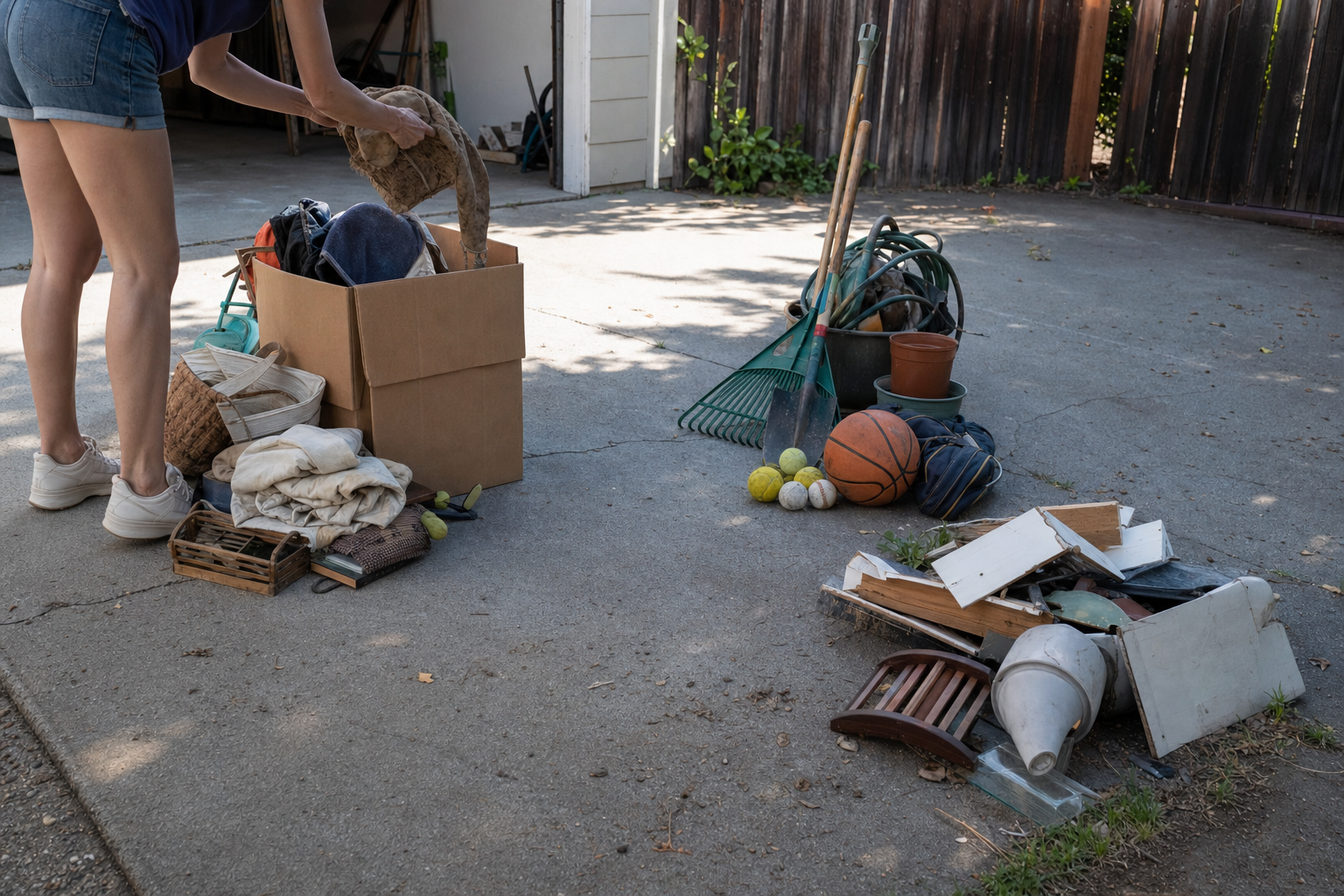 Three sorted piles on a Sacramento driveway: keep, donate, and trash, during a garage purge