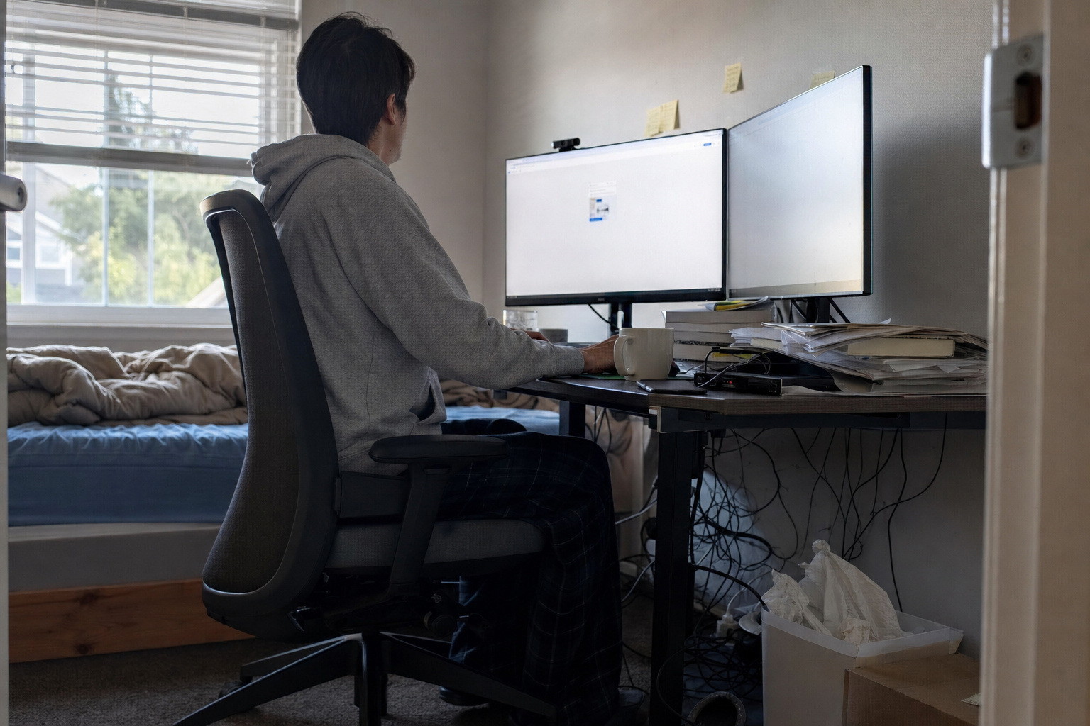 San Jose tech worker at cluttered home office desk with cables and papers, natural morning light