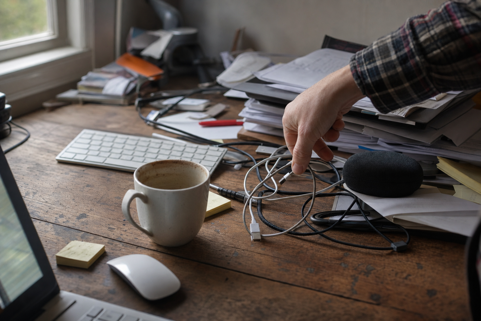 Cluttered home office desk with tangled cables, papers, and tech equipment