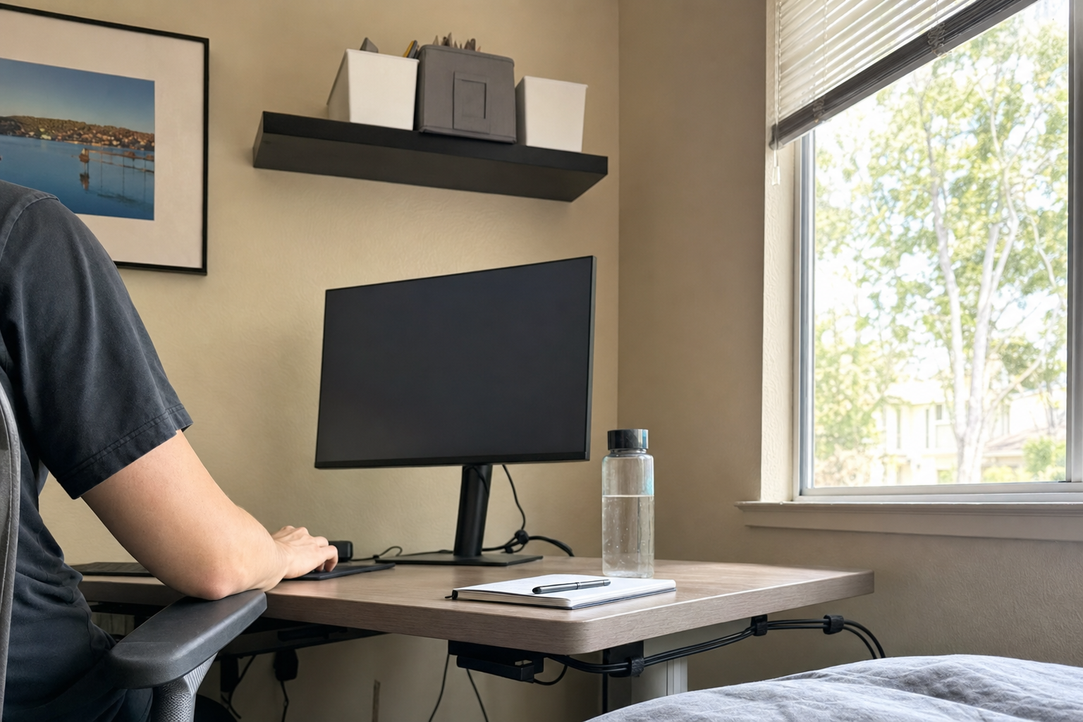Organized San Jose home office with clean desk, managed cables, and labeled shelf storage