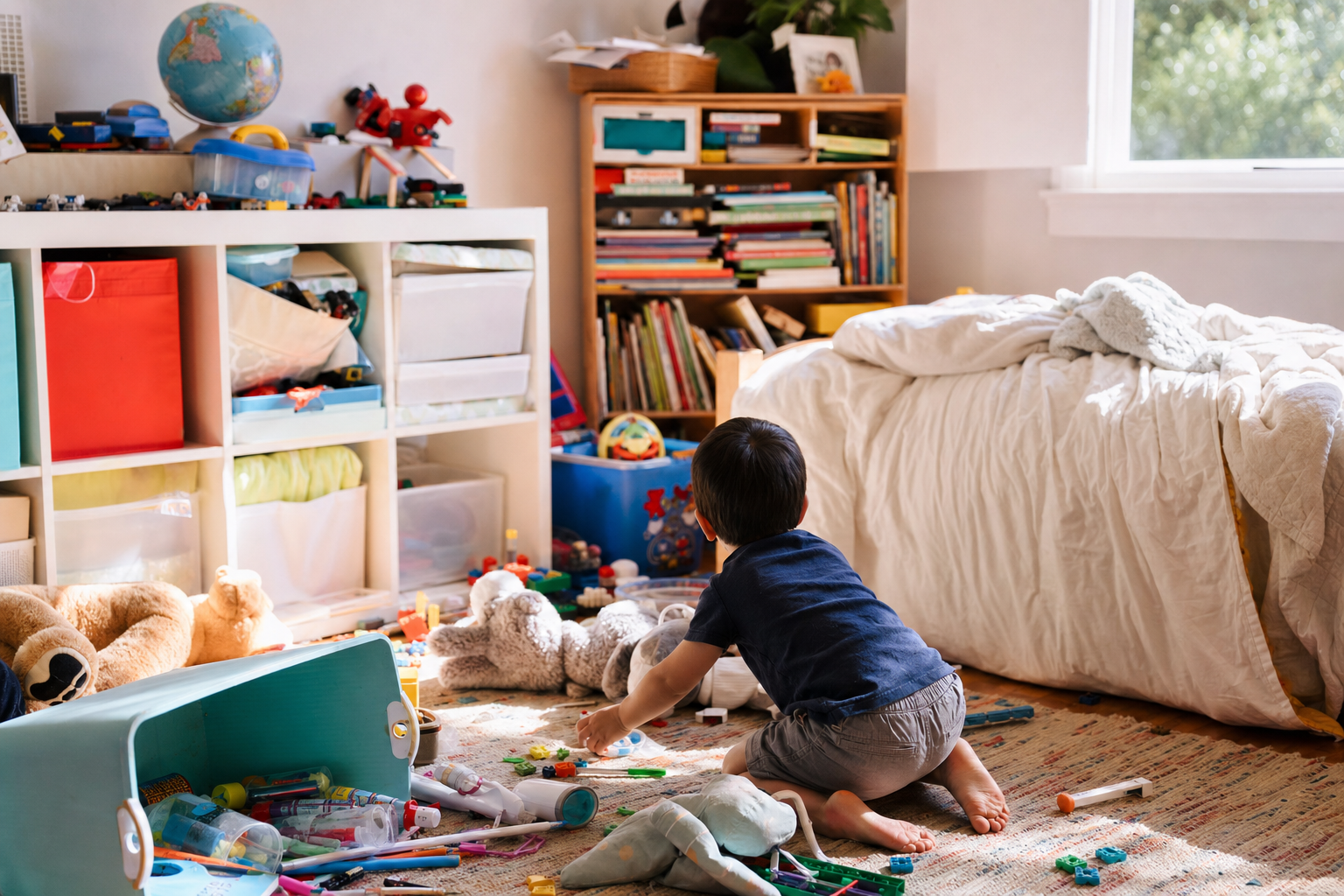 Cluttered kids bedroom in Palo Alto with scattered toys, colorful shelves, child playing on floor