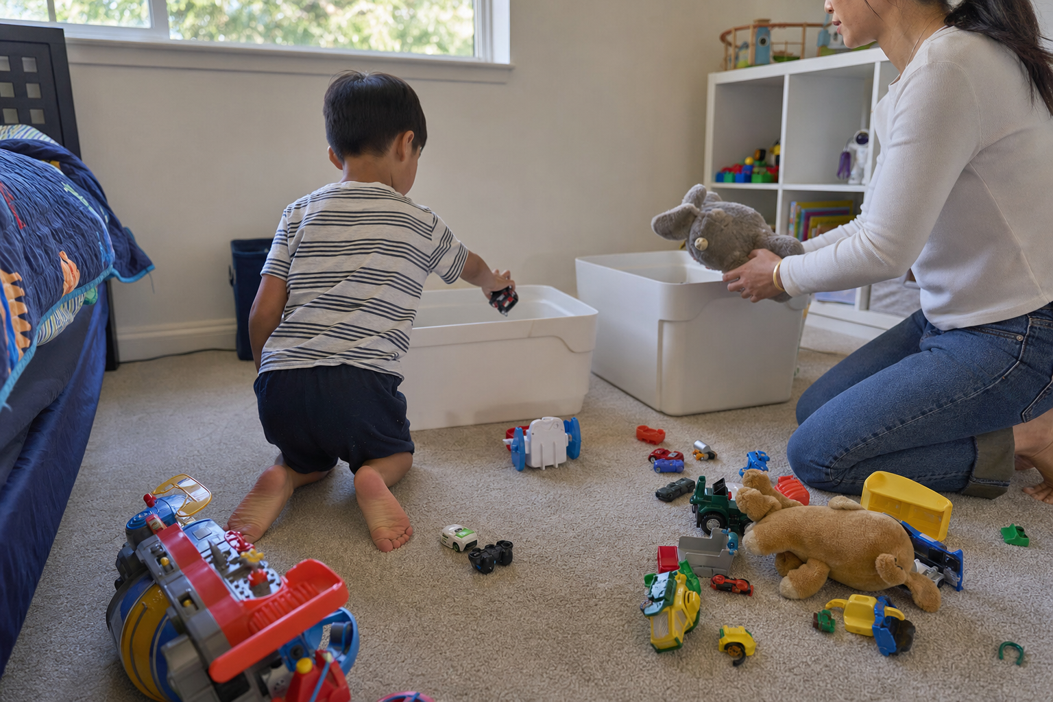 Parent and child sorting toys together into bins on the floor of a Palo Alto kids bedroom