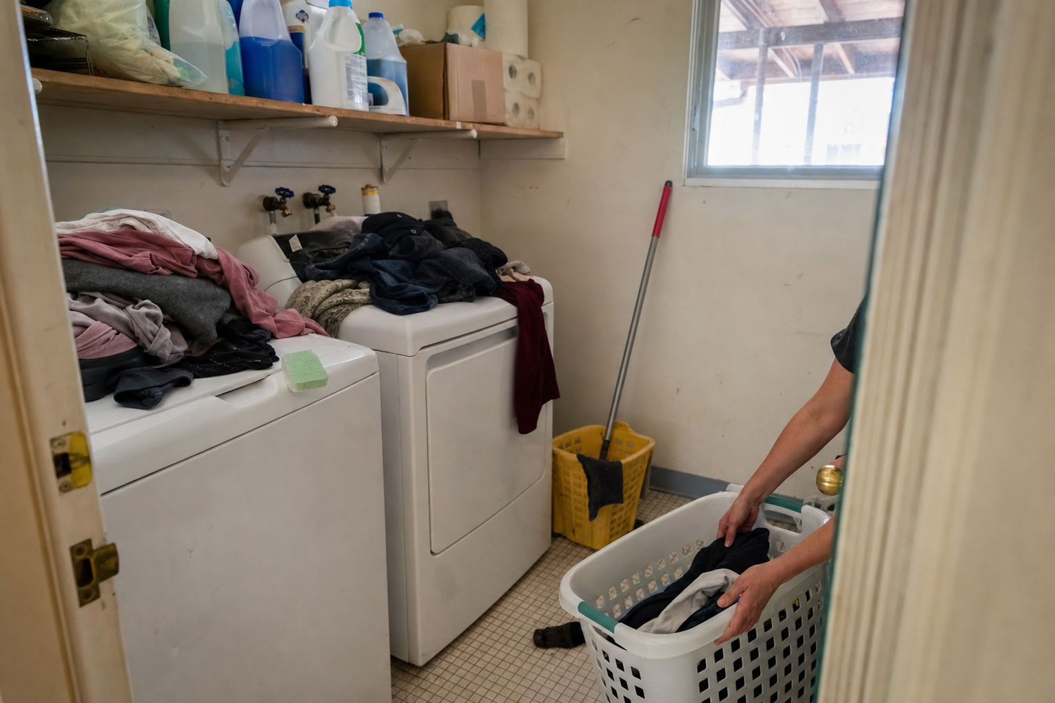 Cluttered San Jose laundry room with clothes piled on washer, cleaning supplies jumbled on shelf, catch-all space