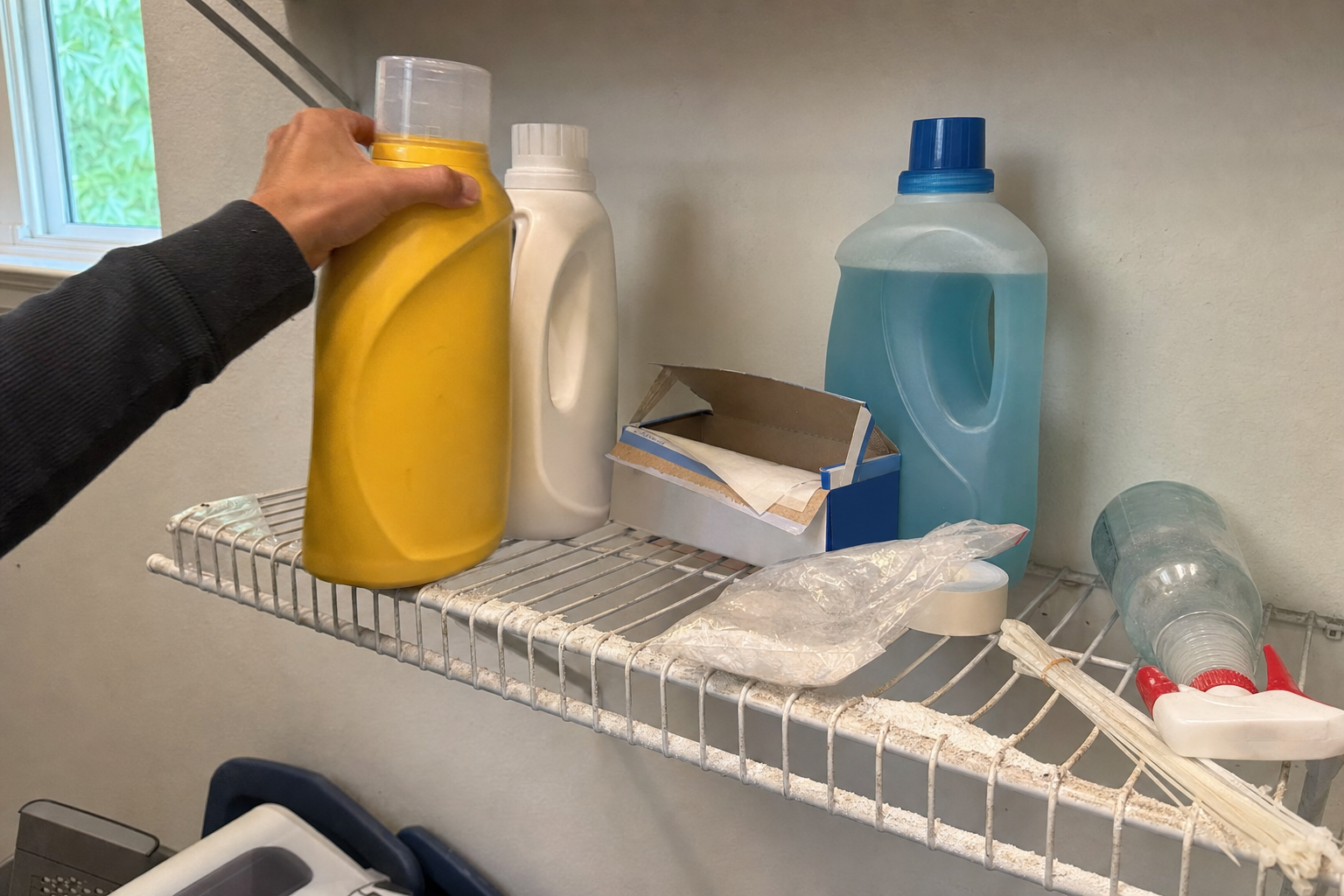 Cluttered laundry room shelf with multiple detergent bottles, spray bottles, and random items in San Jose home