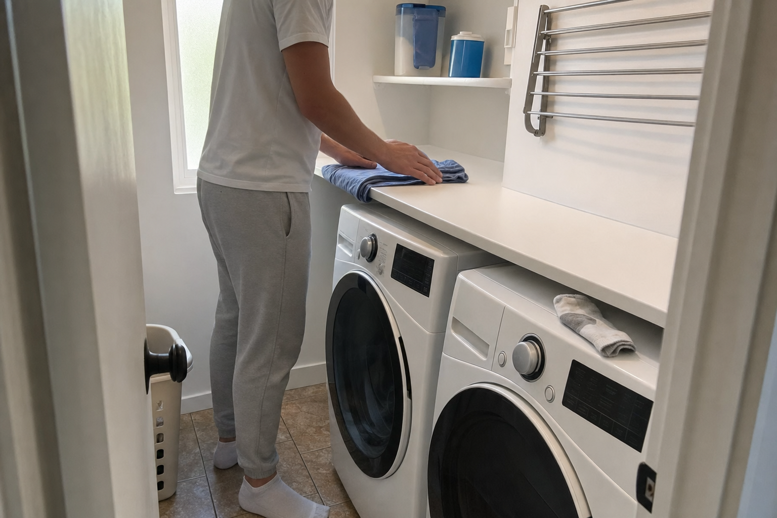 Organized San Jose laundry room with folding shelf, mounted drying rack, and clearly labeled storage containers