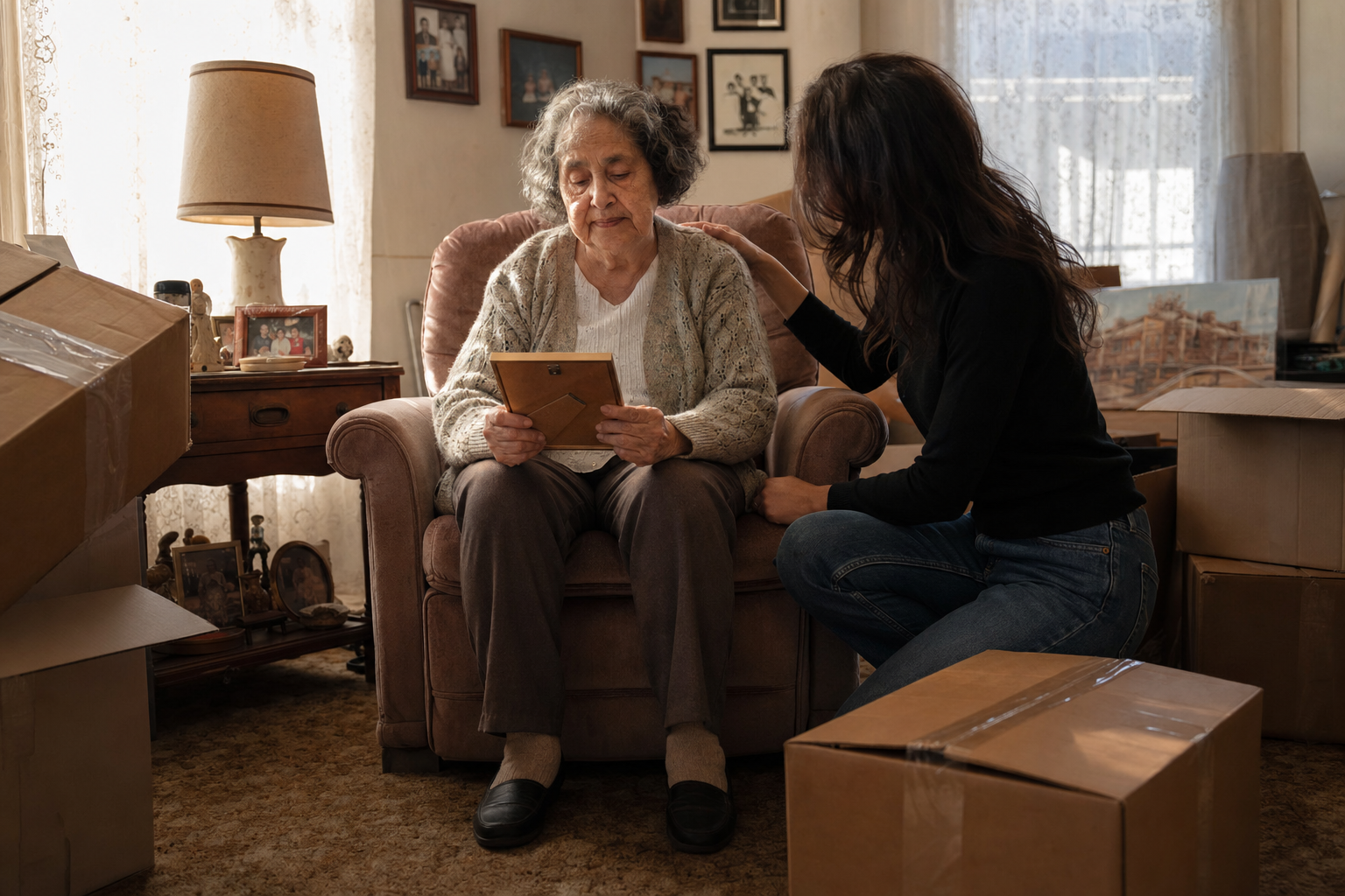 Elderly Sacramento woman looking at a framed photo surrounded by packed moving boxes, with adult daughter beside her