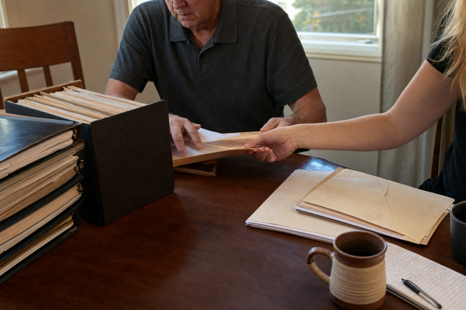 Adult family members sorting documents and paperwork at a dining table in a Sacramento home during senior relocation