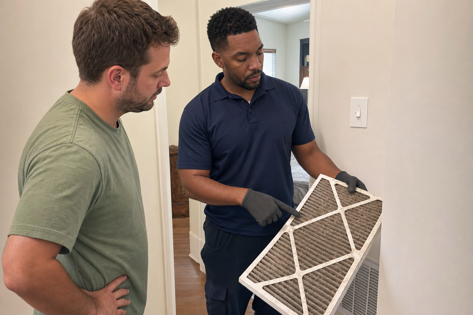 HVAC technician showing a dirty air filter to a Fort Collins homeowner during an AC maintenance visit