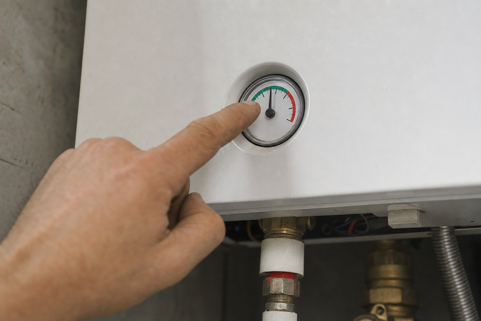 HVAC technician checking boiler pressure gauge during a repair visit in Loveland, Colorado