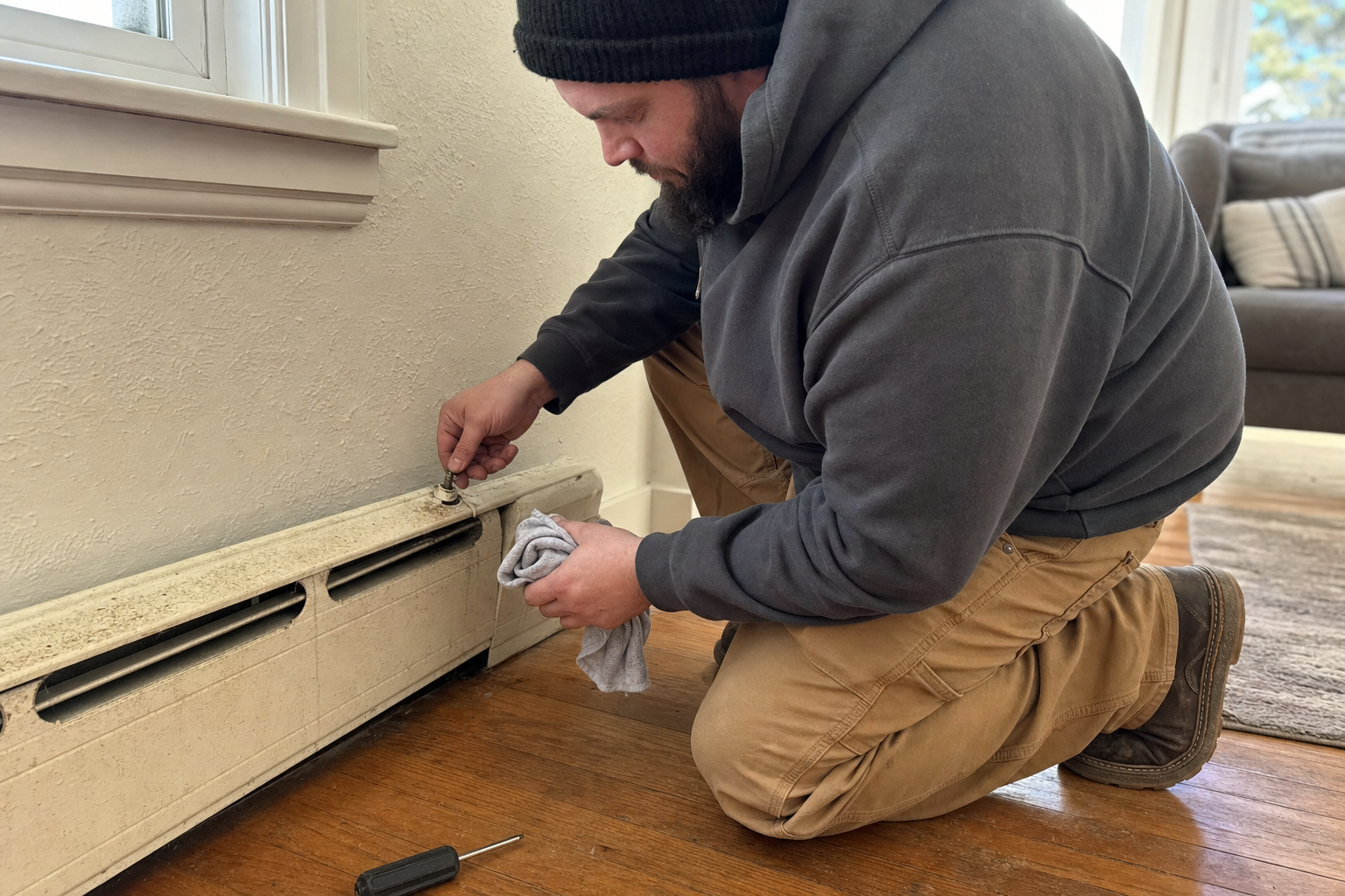 HVAC technician bleeding a cast iron radiator during a boiler repair call in a Loveland, CO home