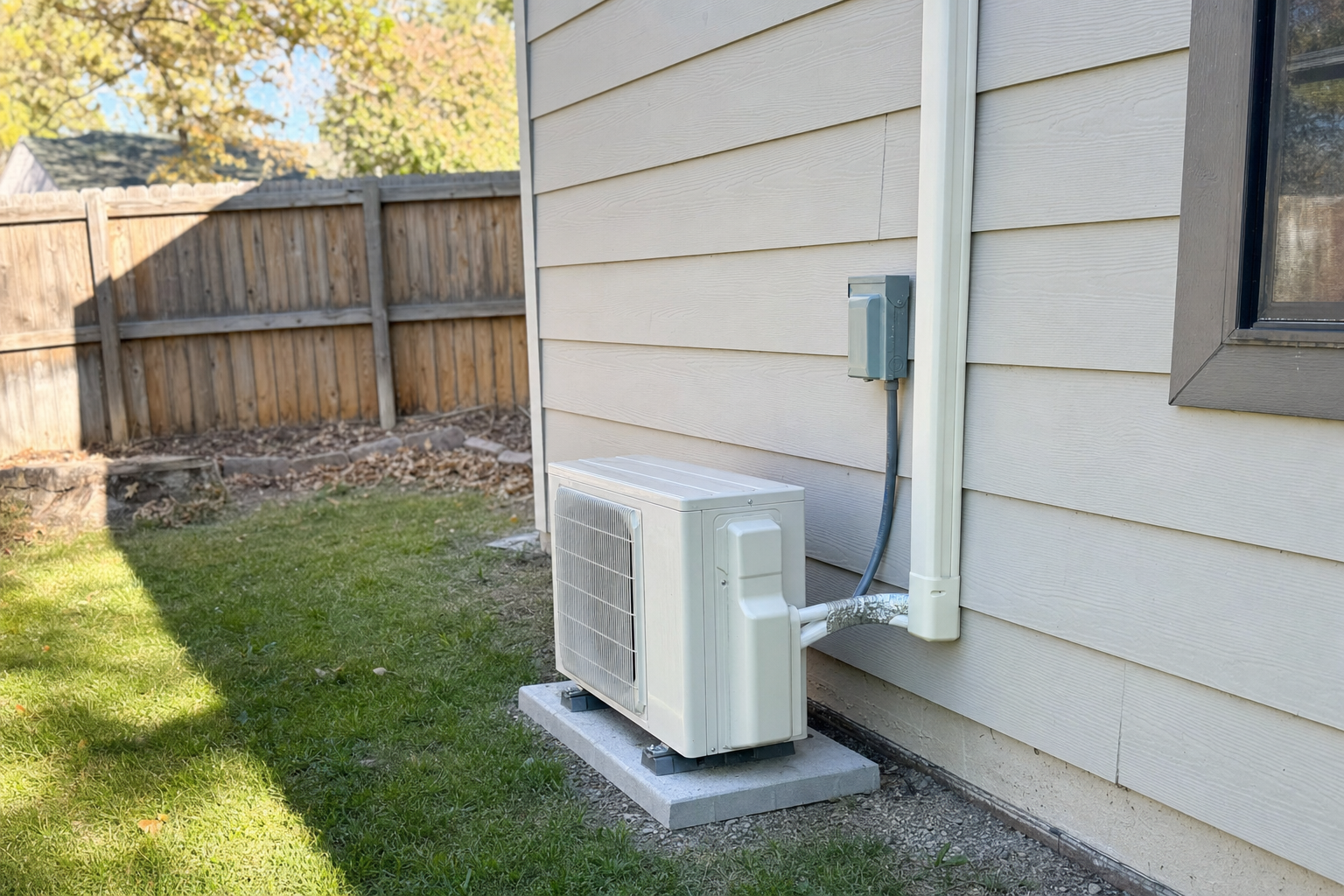 Ductless mini-split outdoor condenser unit installed beside a Fort Collins home exterior