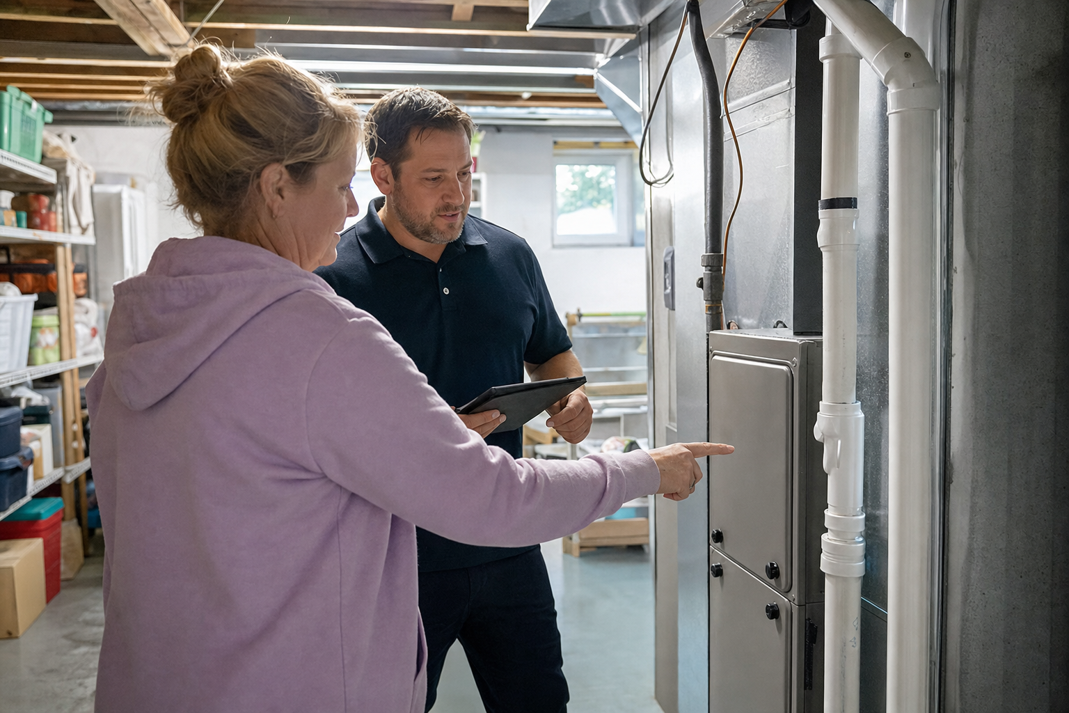 Homeowner and HVAC technician reviewing a new furnace installation in a Loveland, CO basement