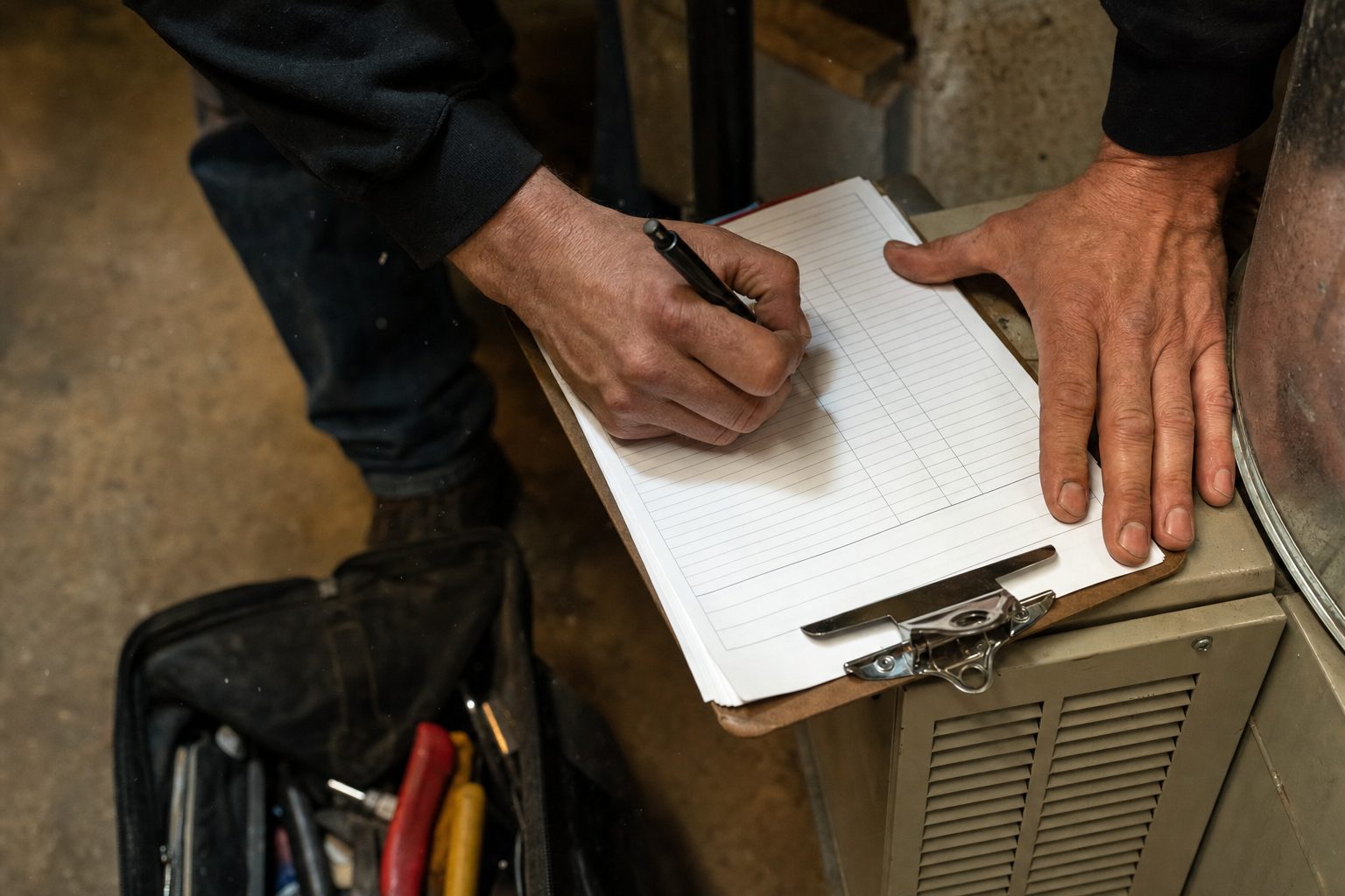 HVAC technician preparing a furnace installation estimate in a Northern Colorado home