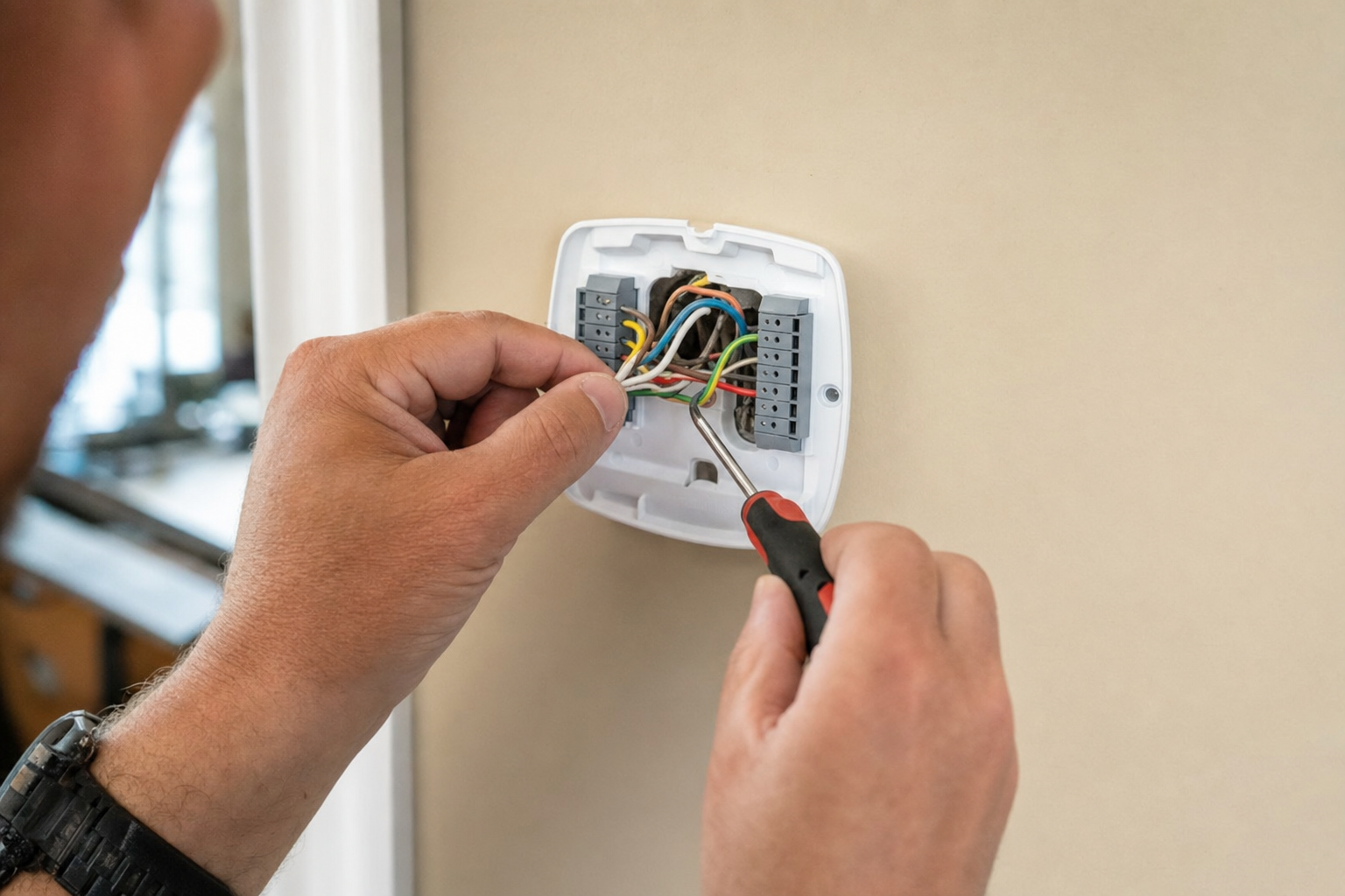 HVAC technician installing a smart thermostat in a Greeley, Colorado home