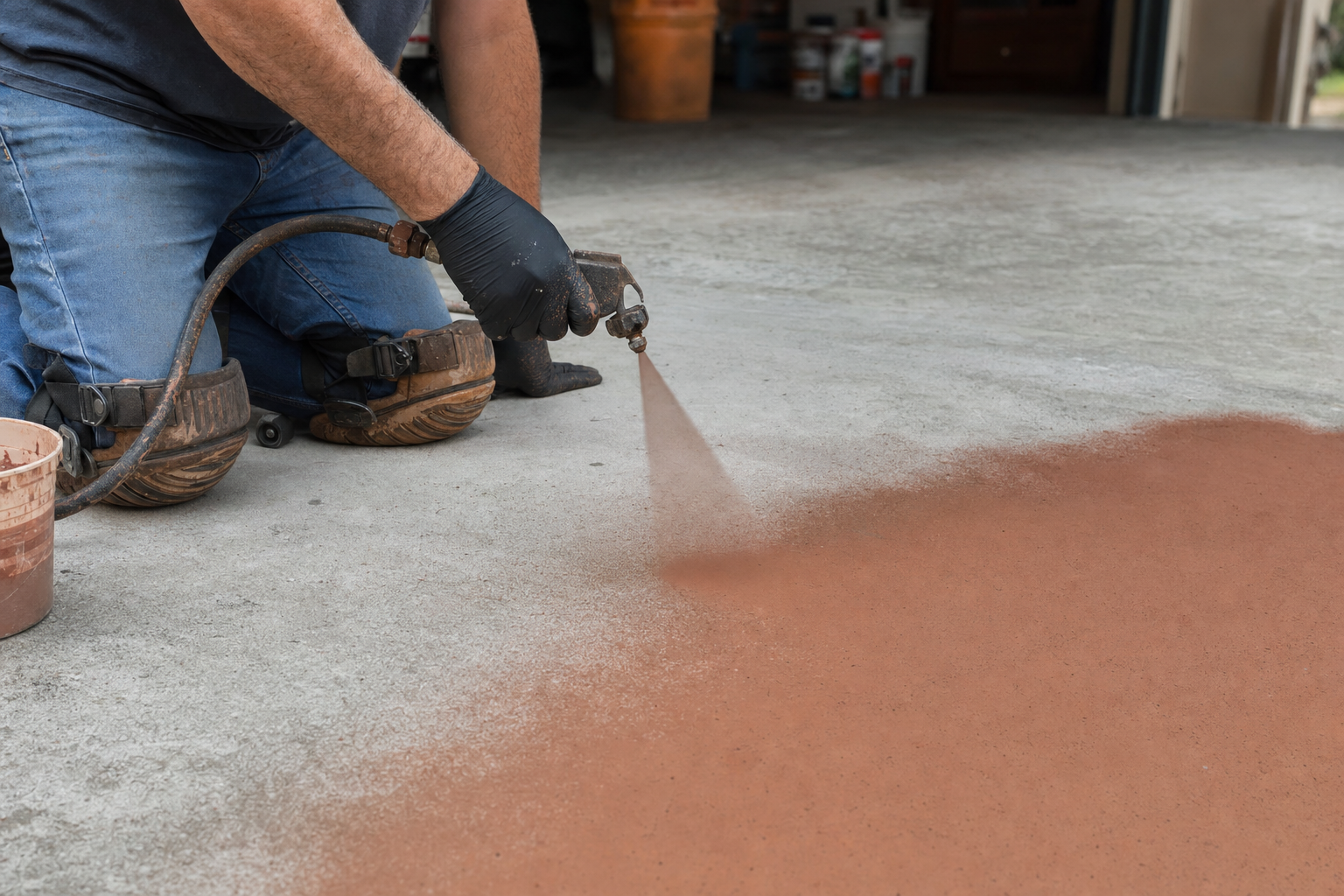 Applying water-based stain to a bare concrete slab