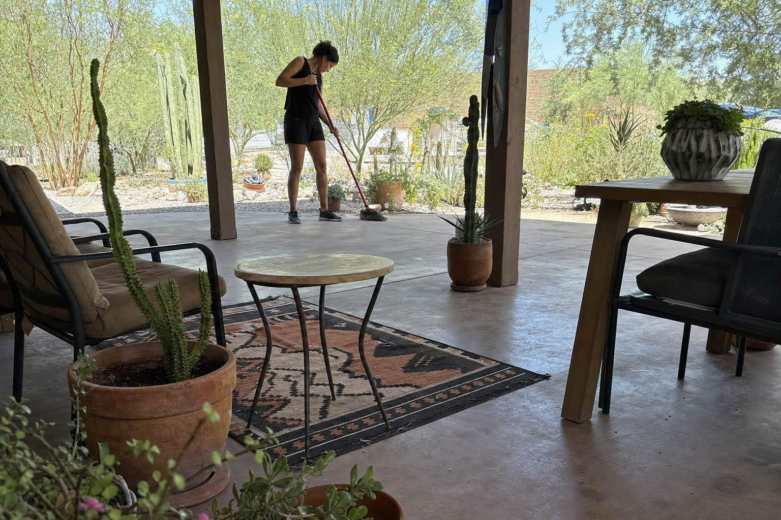 Stained concrete covered patio in a desert backyard