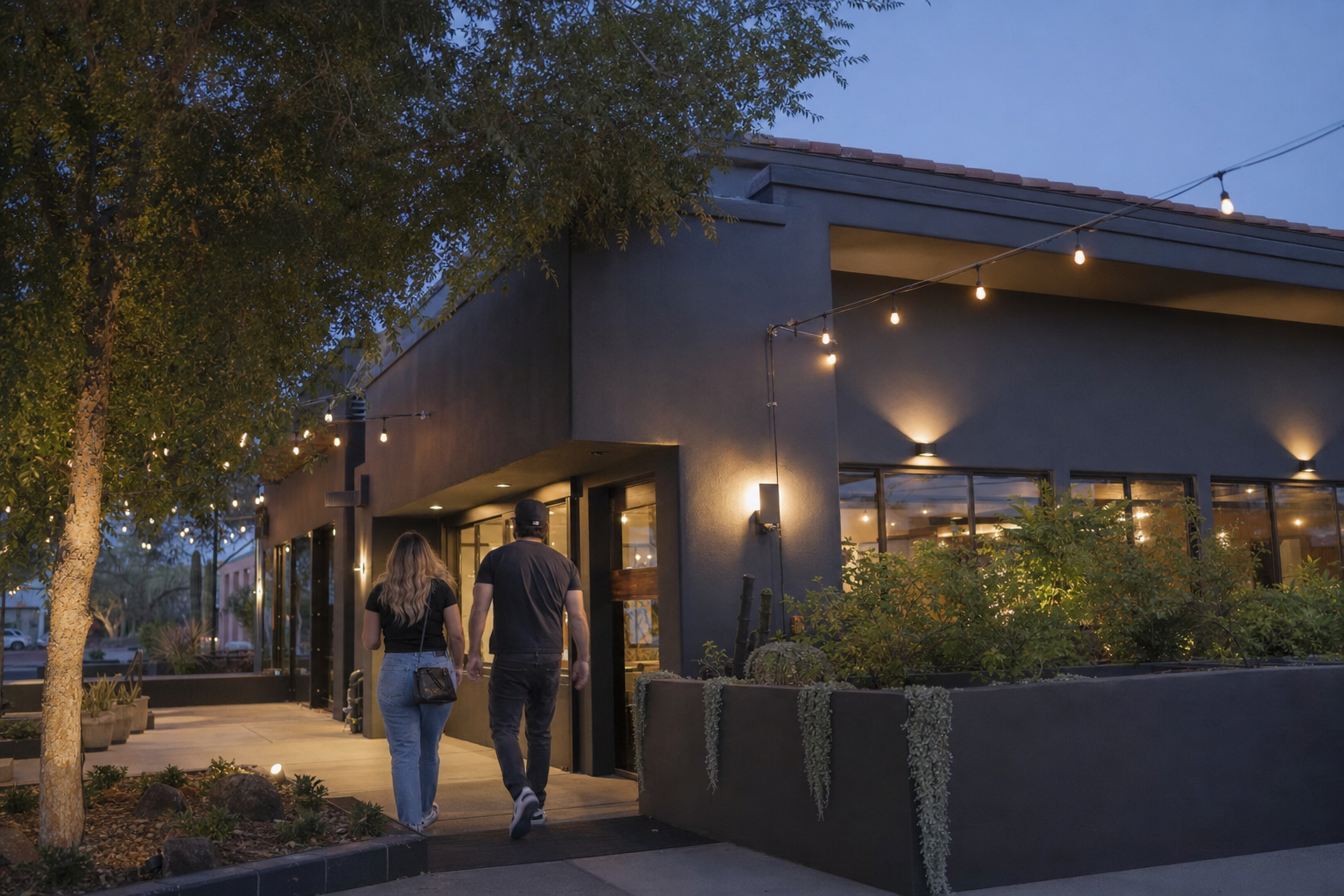 Freshly painted restaurant storefront in Tempe at dusk