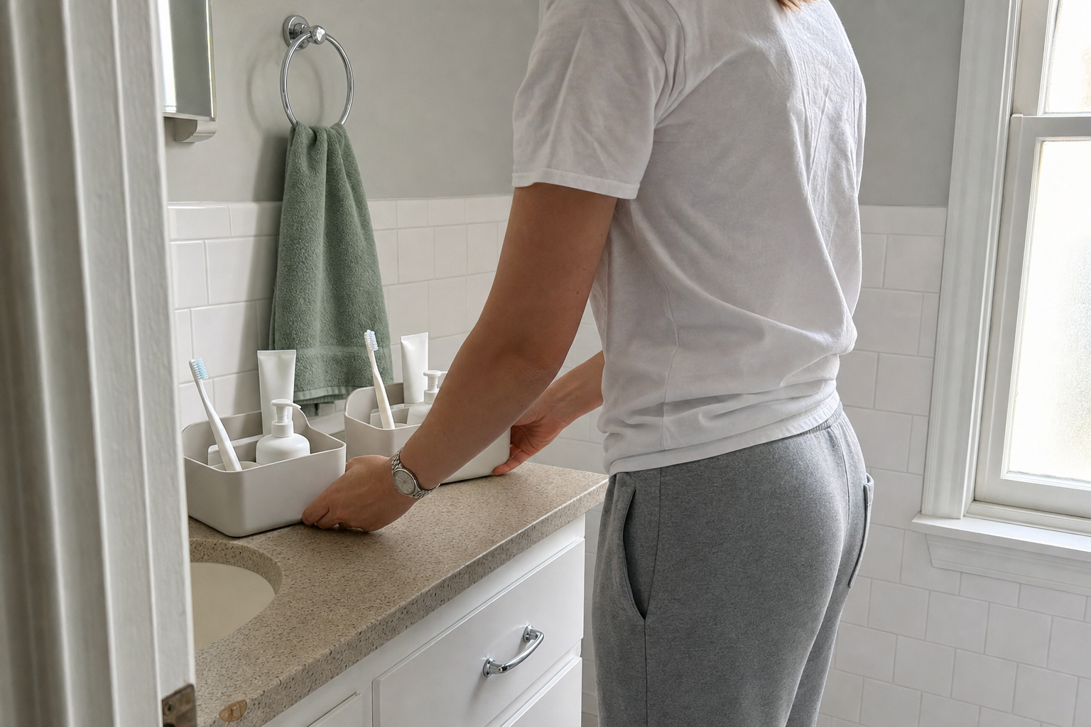 Hands setting two matching open plastic caddies side by side on a shared bathroom counter.