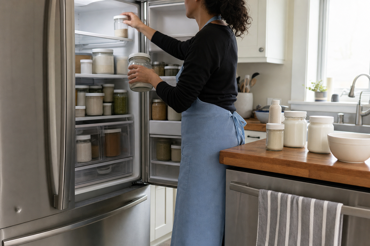 Hands lifting jars and containers off the top shelf of a refrigerator onto a butcher block counter.