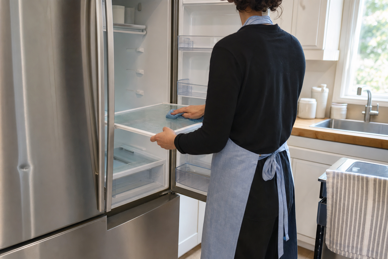 Hands wiping a bare glass refrigerator shelf pulled halfway out with a damp cloth.