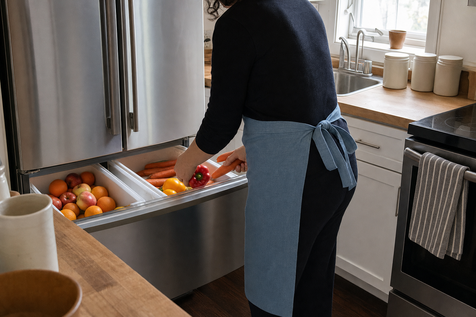 Hands laying loose vegetables into an open refrigerator crisper drawer with a second drawer of fruit beside it.
