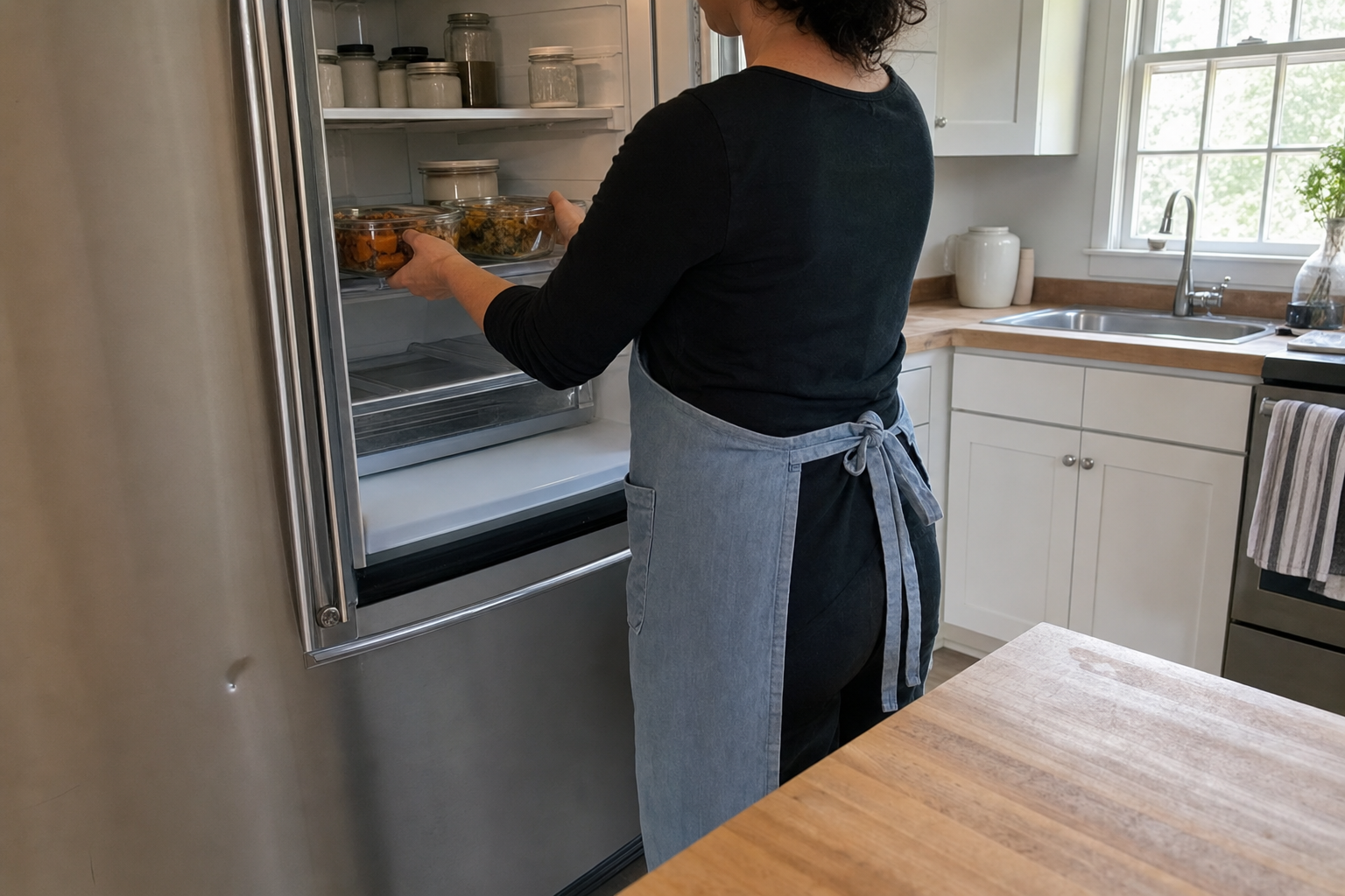 Hands setting two clear glass containers of leftovers into a shallow open bin at the front of a refrigerator shelf.