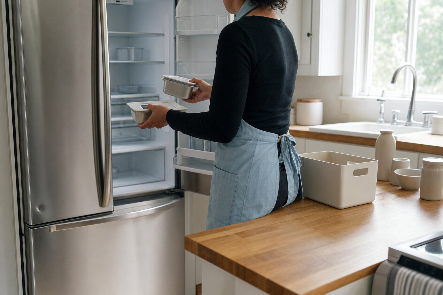 Hands pulling two food containers out of a refrigerator into a small bin on a kitchen counter.