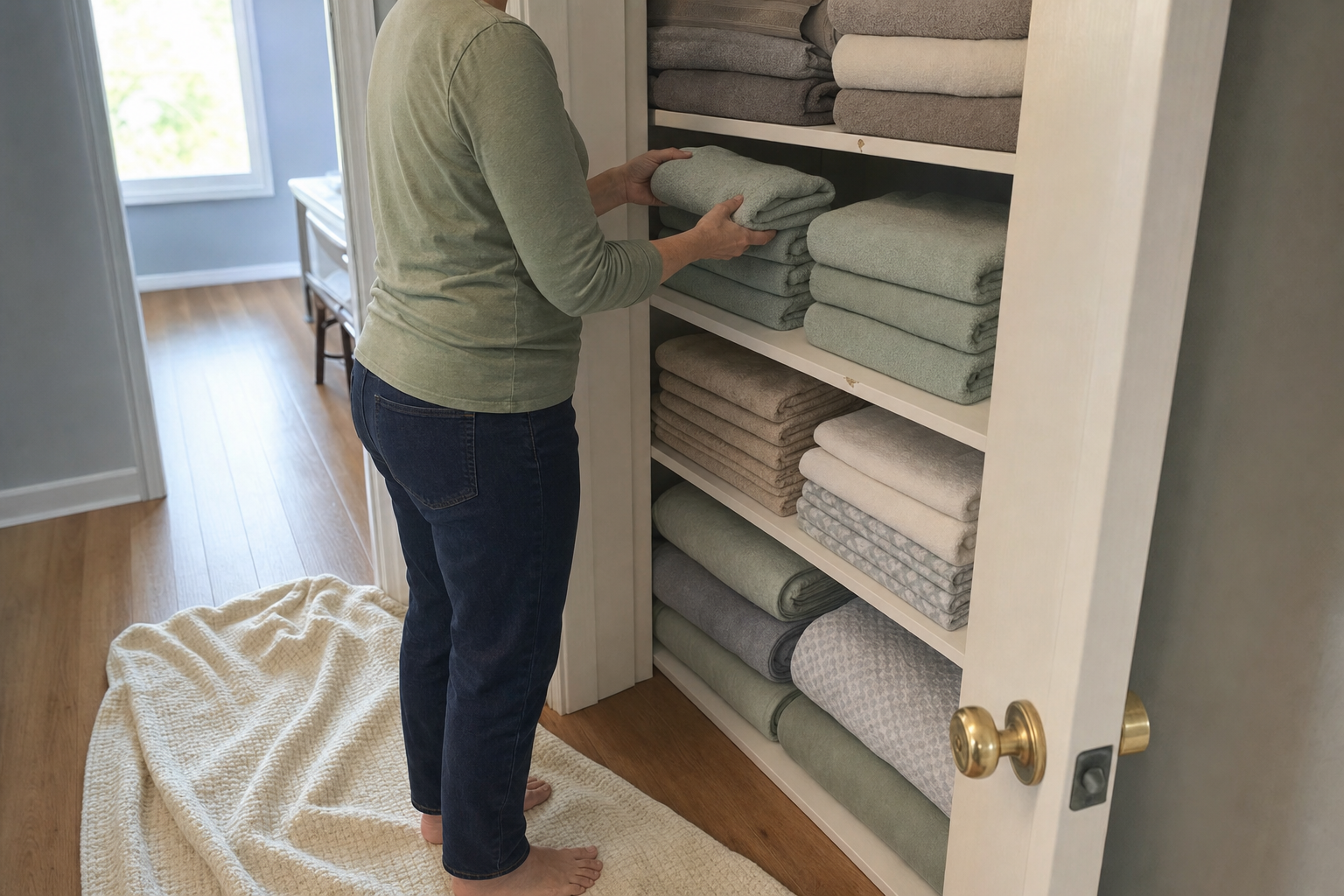A hand placing a single folded towel back on a neat stack in a fully organized linen closet.