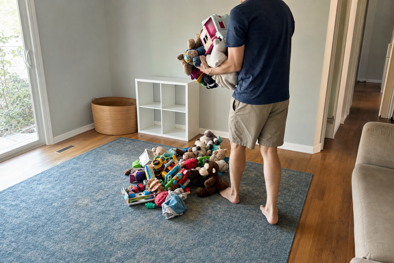 A man carrying an armful of mixed toys to a single growing pile in the middle of a living room rug.