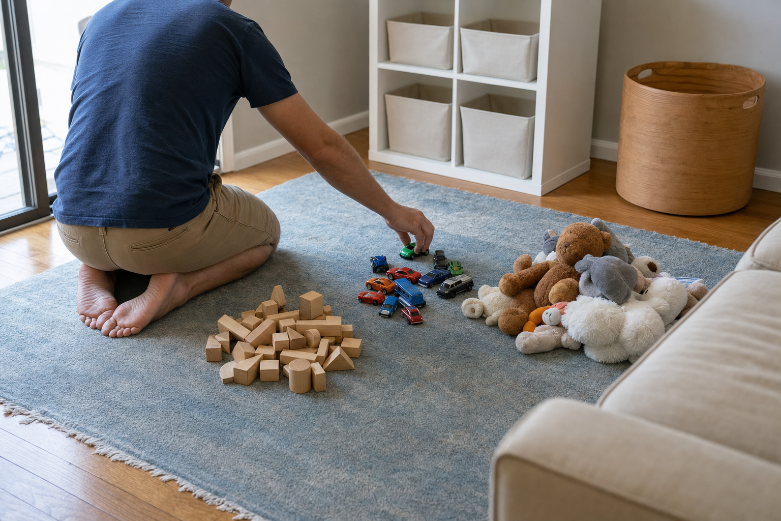 A man kneeling on a rug sorting toys into three separate groups of blocks, cars and stuffed animals.