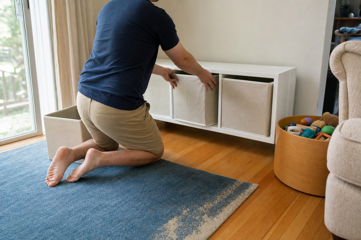 A man pushing three fabric bins into a low white cube shelf with a fourth bin left empty on the floor.