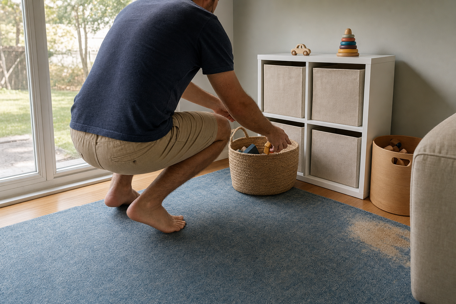 A man crouching to drop the last loose toys into a low child height basket on a clear rug.