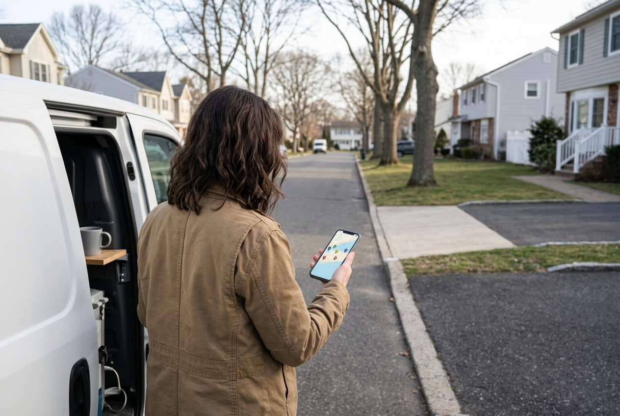 A small business owner at her work van checking a coverage map on her phone on a residential street