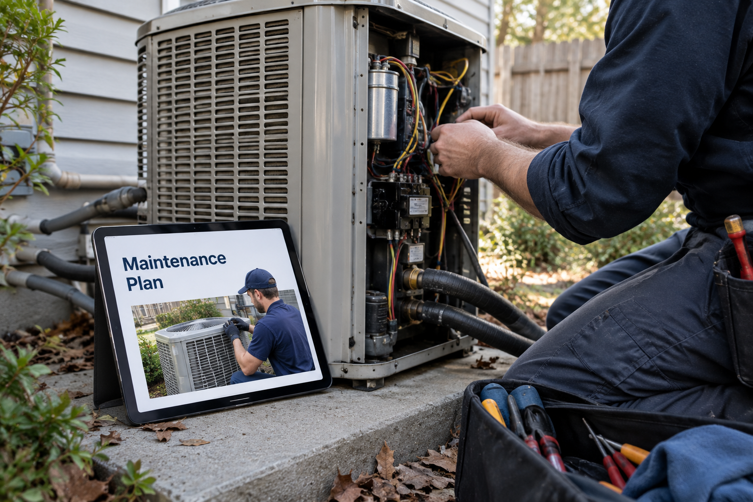 A tablet showing a maintenance plan page propped against a condenser unit during a service visit