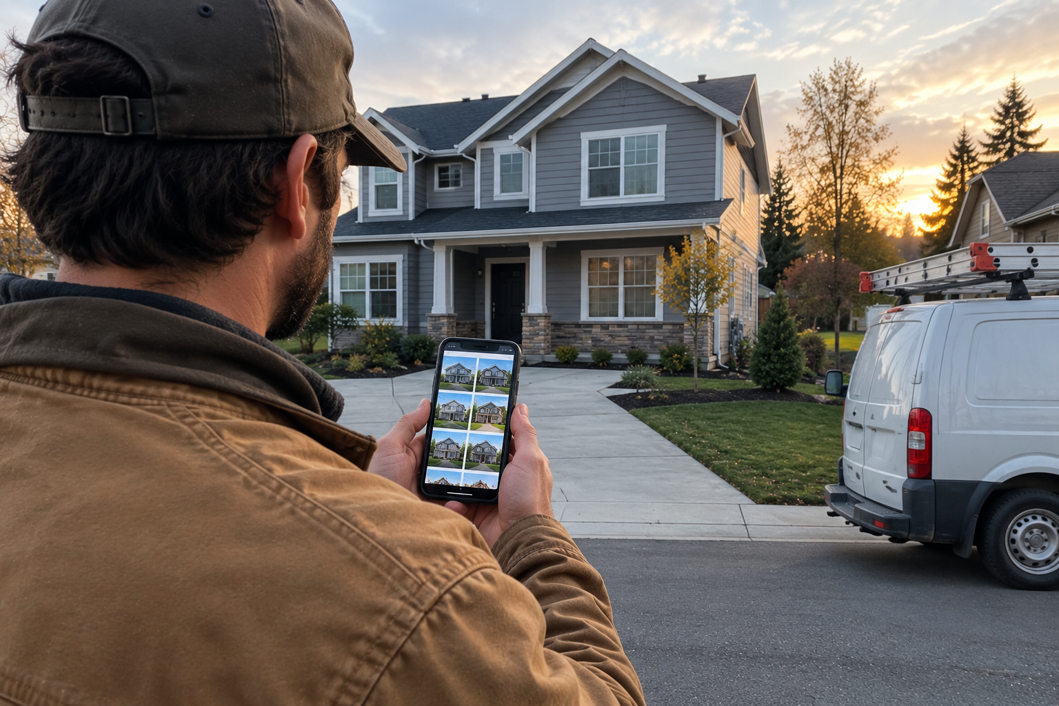 A contractor photographing a finished siding job on his phone at the end of the driveway