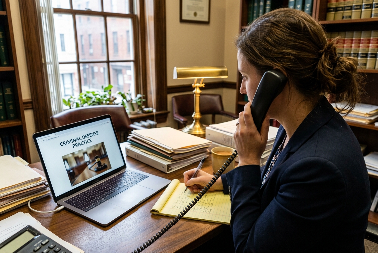 A lawyer taking notes during an intake call with the firm practice area page open on a laptop